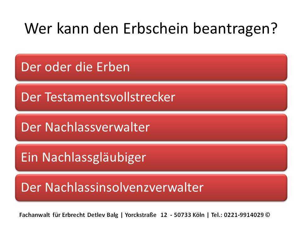 Erbrecht: Erbschein beantragen - Wer kann den Antrag auf Erteilung des Erbscheins stellen? - Anwalt Erbrecht Köln - Kanzlei Detlev Balg